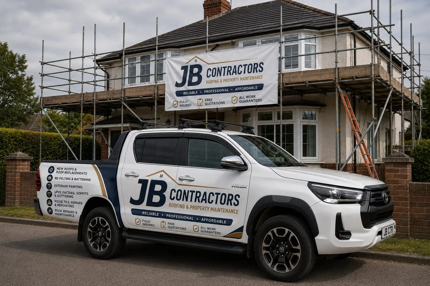 Torpoint Roofing pickup truck on site at a scaffolded roofing job in Torpoint