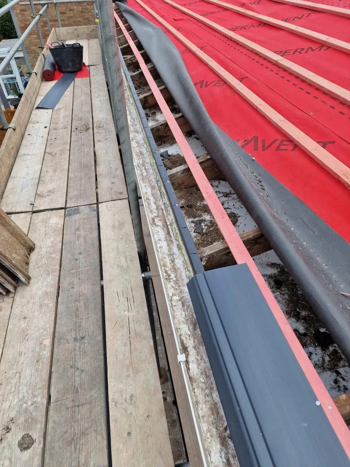 Breathable membrane and battens fitted during a re-roof in Torpoint